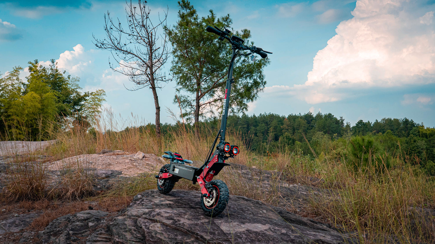 Adult electric scooter, all-terrain, 11-inch off-road tires, black and red color scheme, dual 48V 21AH motors, maximum load capacity of 150kg, front and rear spring shock absorbers