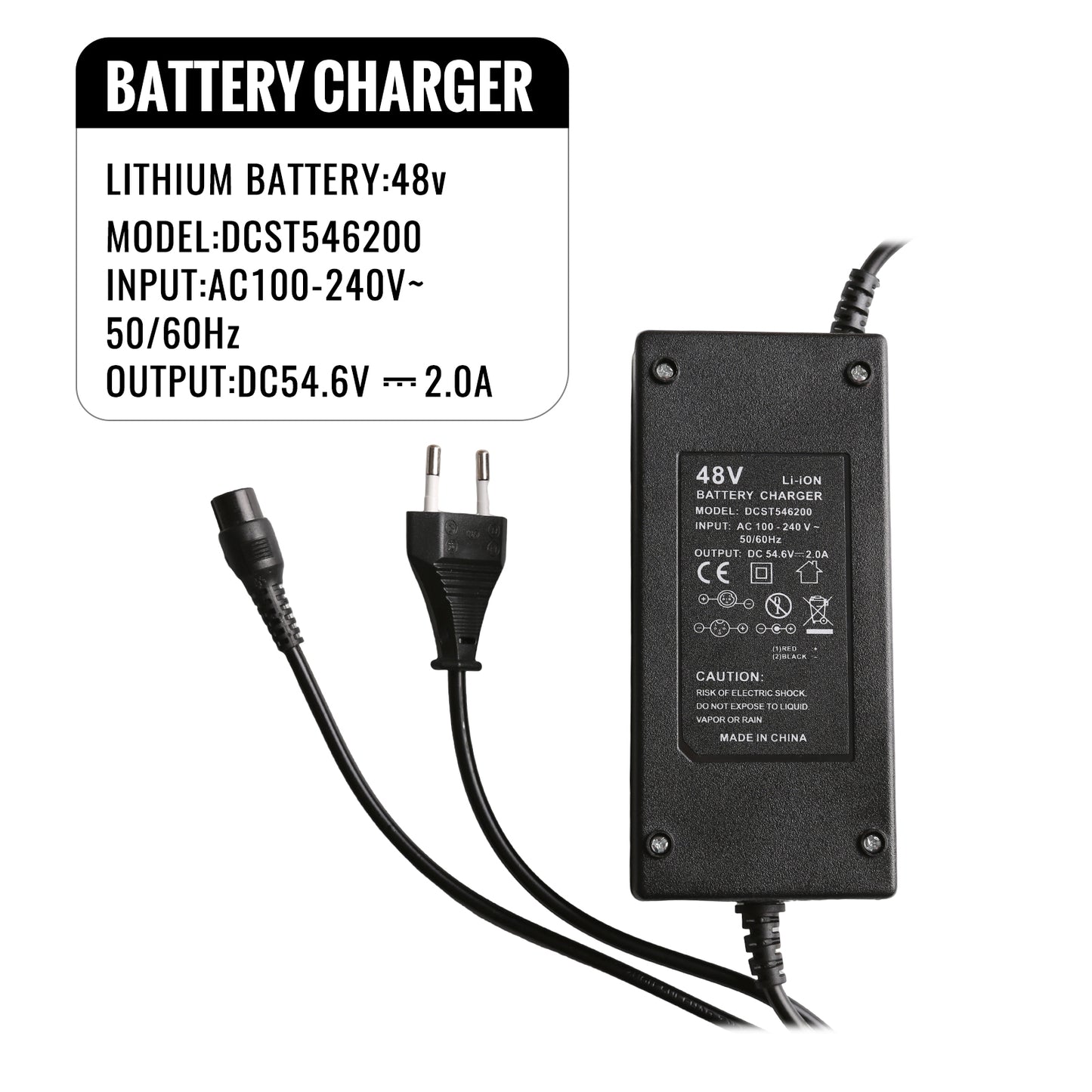 Electric Scooter Charger | 54.6V 2A Fast Charging, Universal Voltage (AC 100-240V)