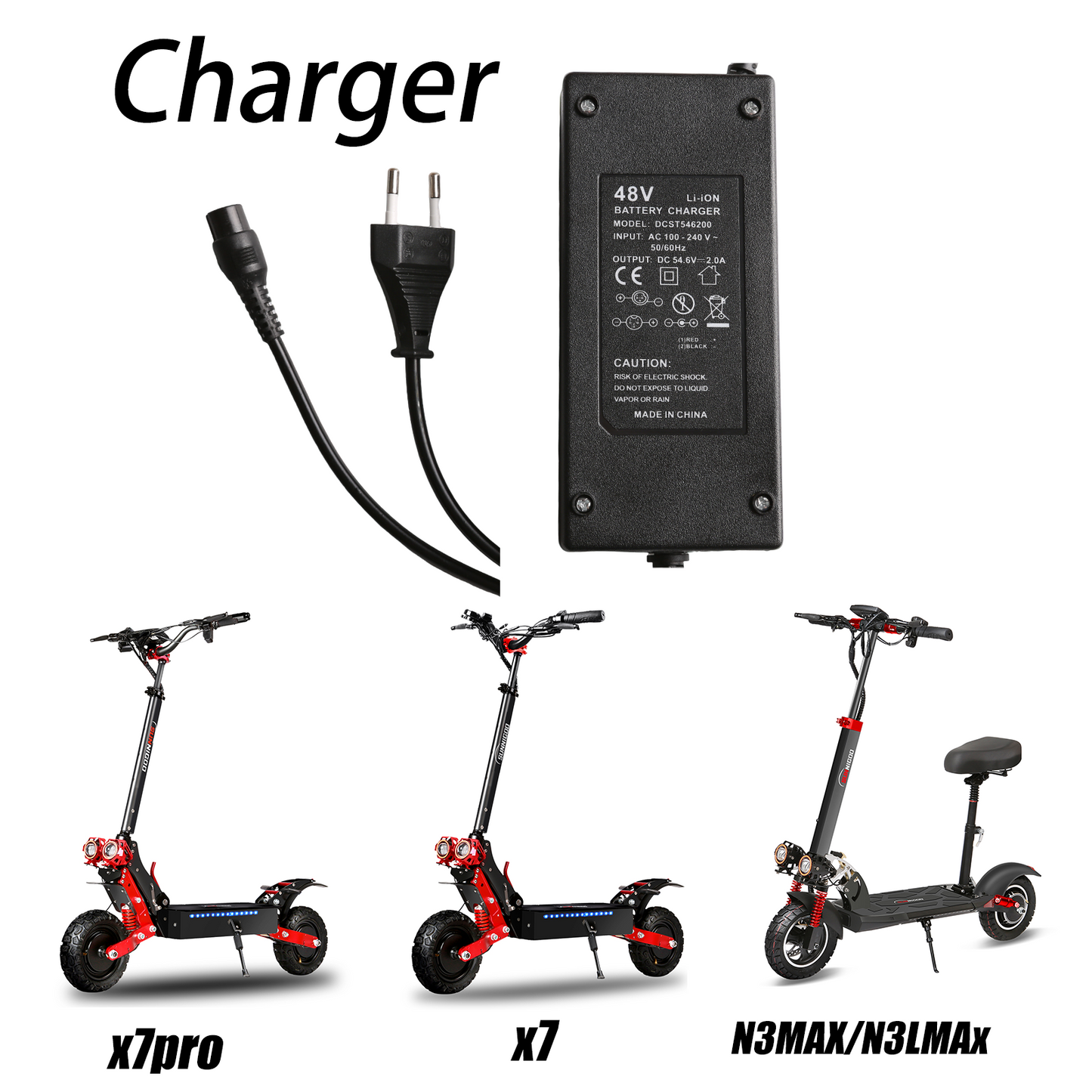 Electric Scooter Charger | 54.6V 2A Fast Charging, Universal Voltage (AC 100-240V)