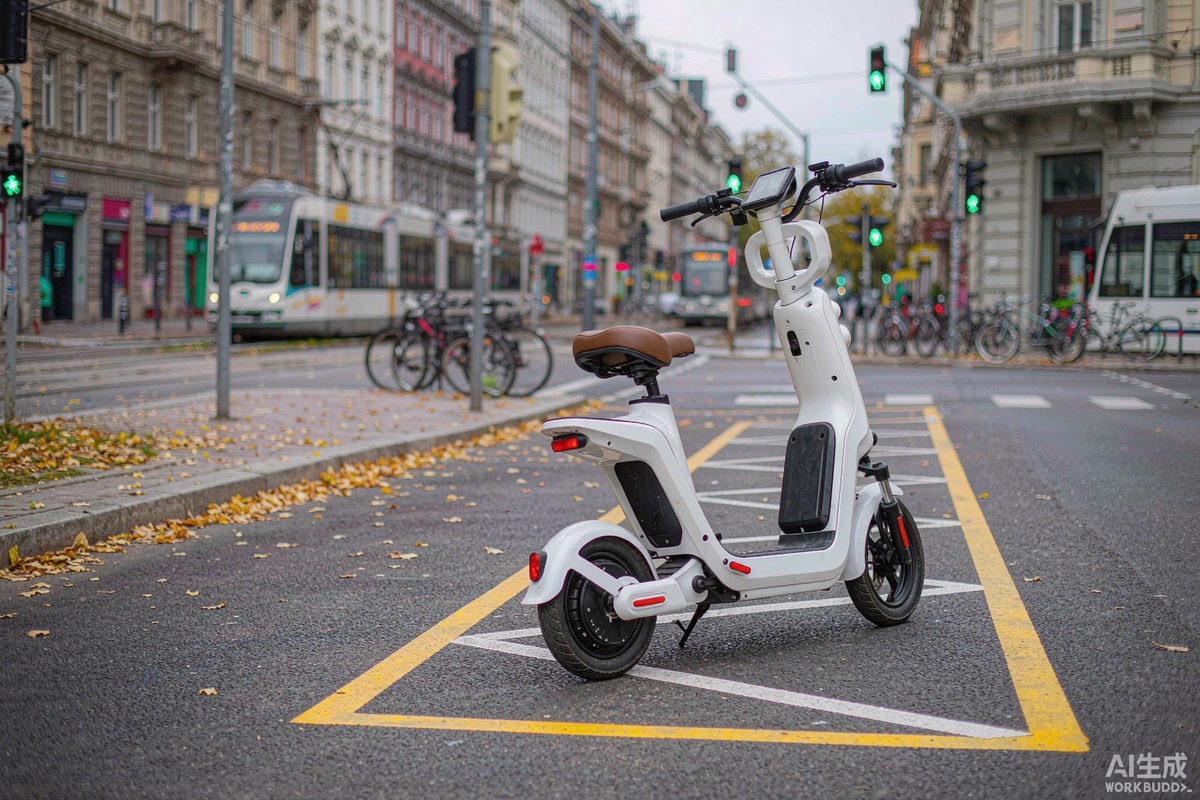 Foldable electric scooter with seat parked in a marked micro-mobility bay on a Warsaw street