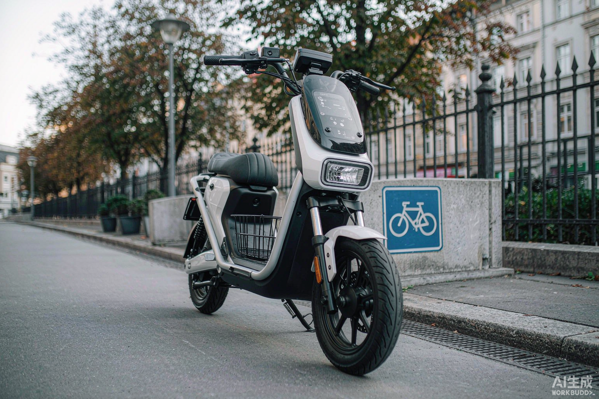 Electric scooter with German insurance plate standing on a city cycle path beside a Radweg sign