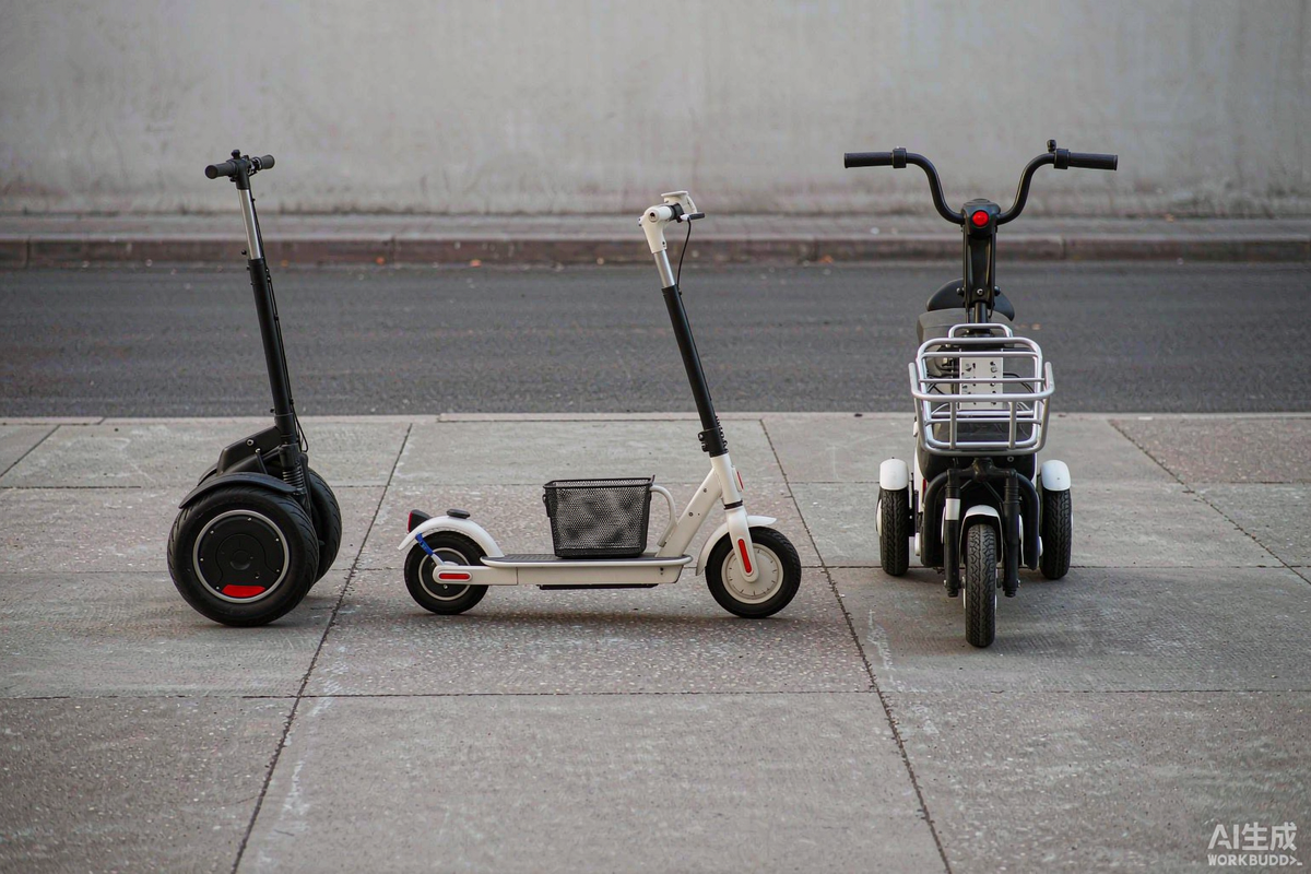 Three electric scooters of different sizes lined up on a European city pavement for comparison
