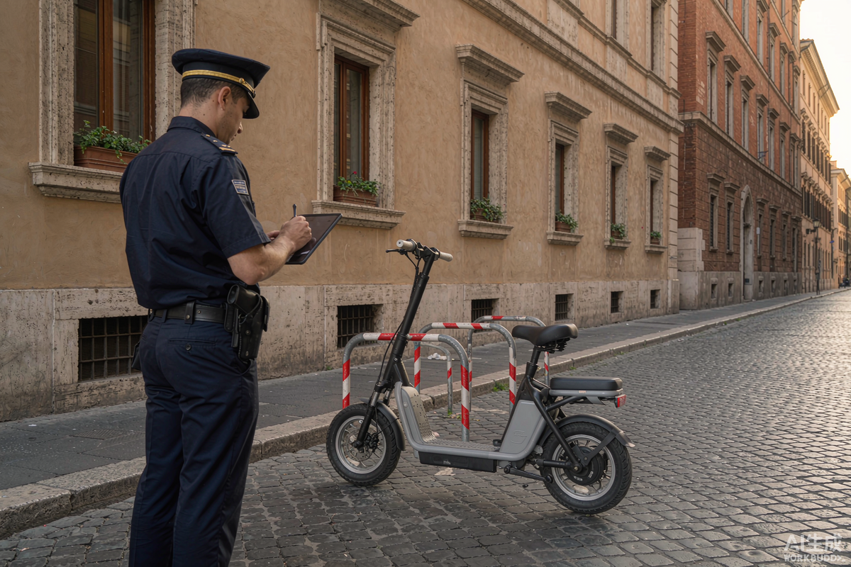 Local police officer checking an electric scooter on a cobblestone street in Rome