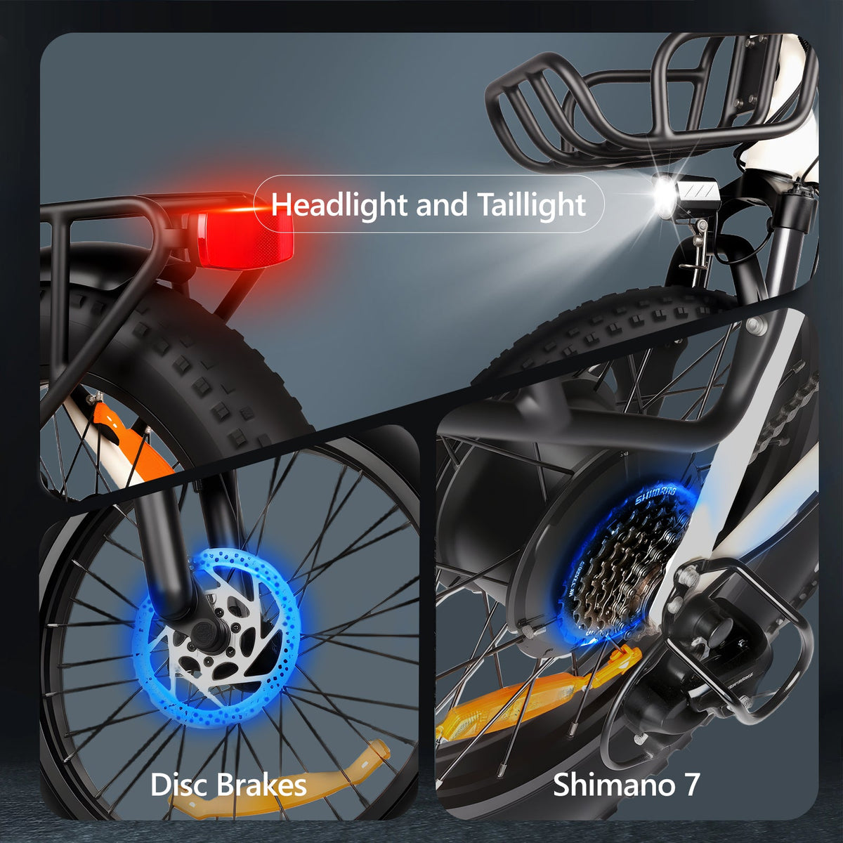 SUNNIGOO B5 urban e-bike feature collage with rear rack, torque sensor and hydraulic disc brakes