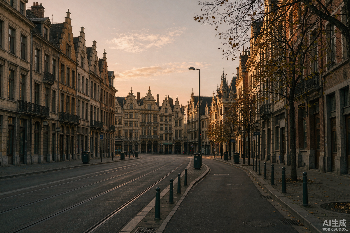 Empty Brussels street with historic gabled buildings and tram rails at golden hour