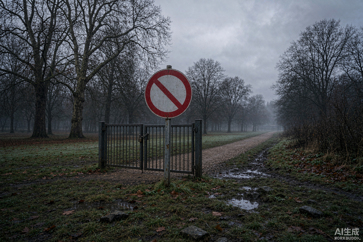 Red no-entry traffic sign beside a closed gate on a misty private park path in Britain