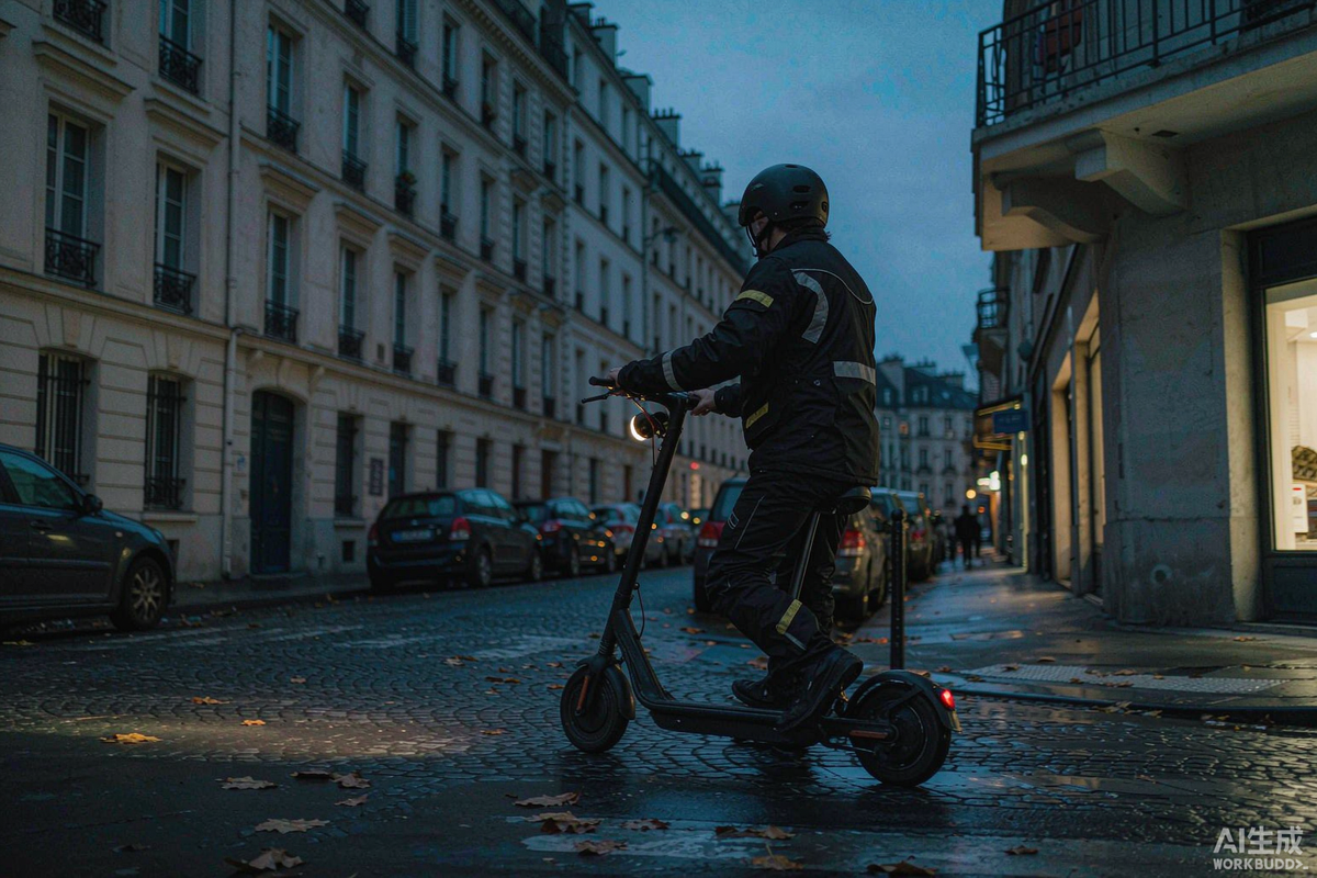 SUNNIGOO X7PRO rider with headlight on wet cobblestones during a dark European winter commute