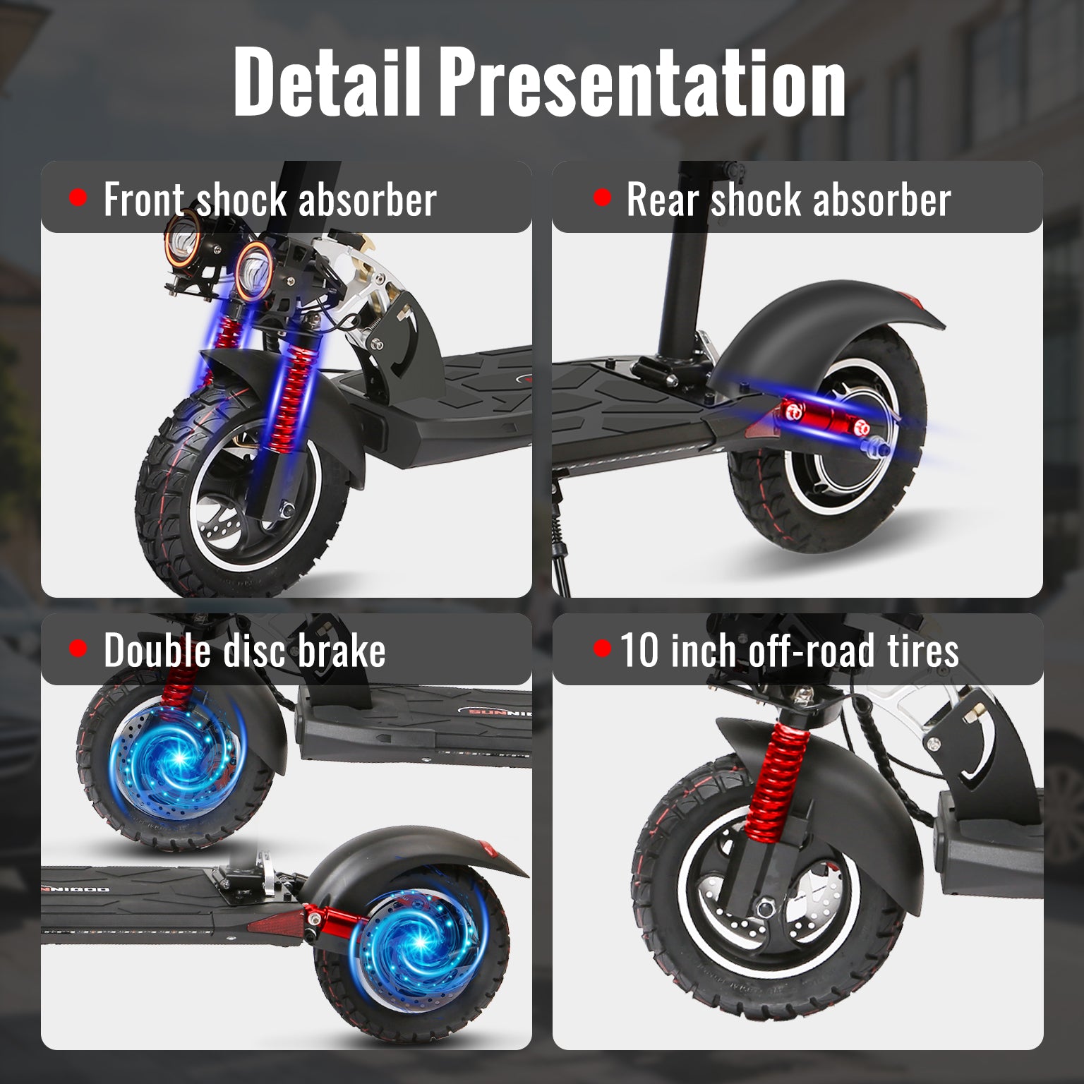 10-inch off-road tires for superior traction on rough terrain