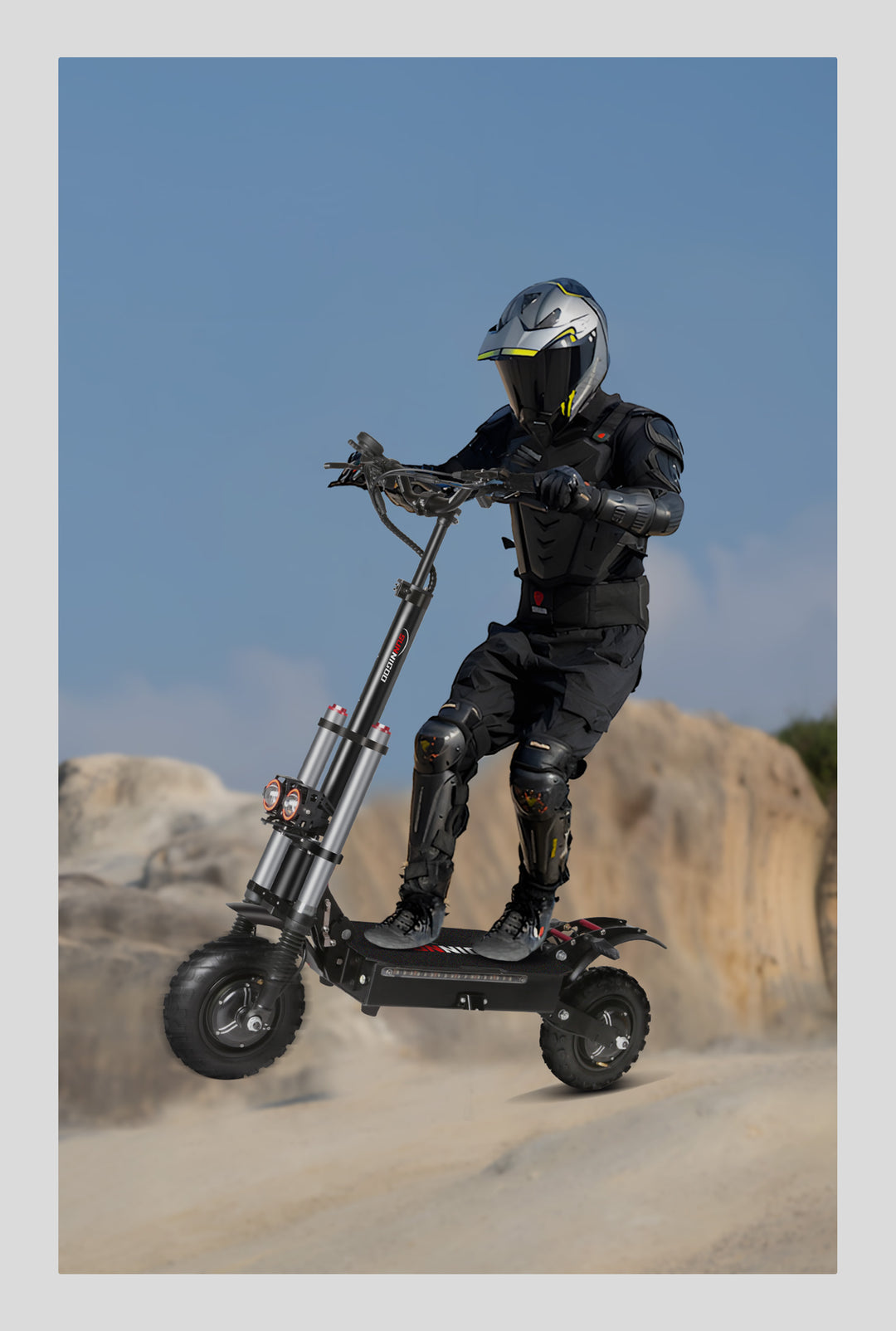 SUNNIGOO 6000W dual-motor off-road electric scooter on a dirt trail